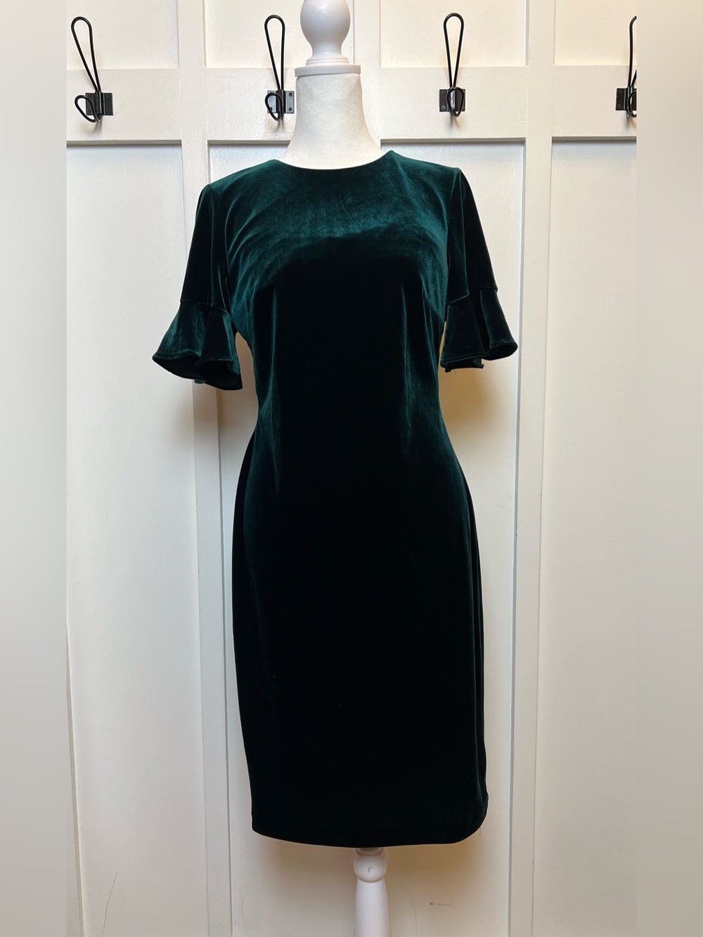 Calvin Klein 4 Emerald Green Velvet Bodycon Dress Modest Ruffle Sleeve Holiday